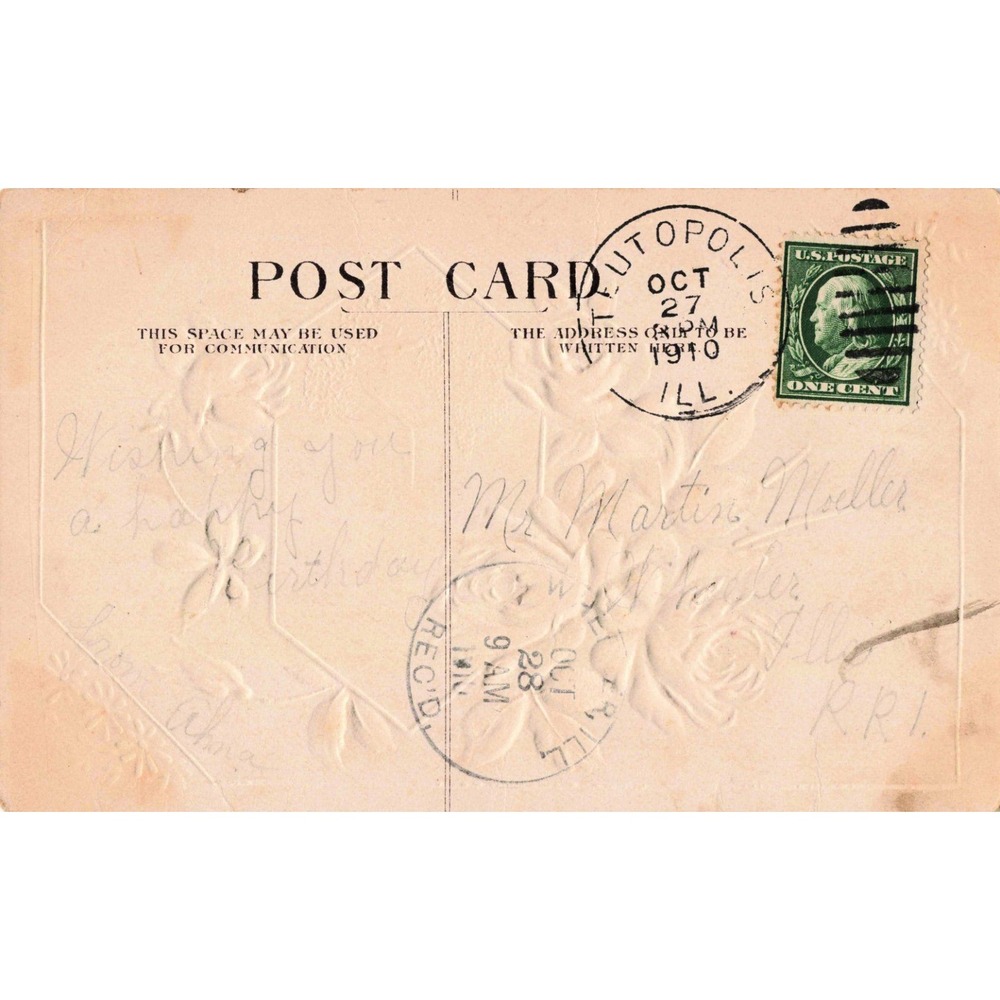 Vintage 1910 Happy Birthday Postcard Embossed Pink Roses Cottage Scene 1c Stamp - Picture 2 of 2